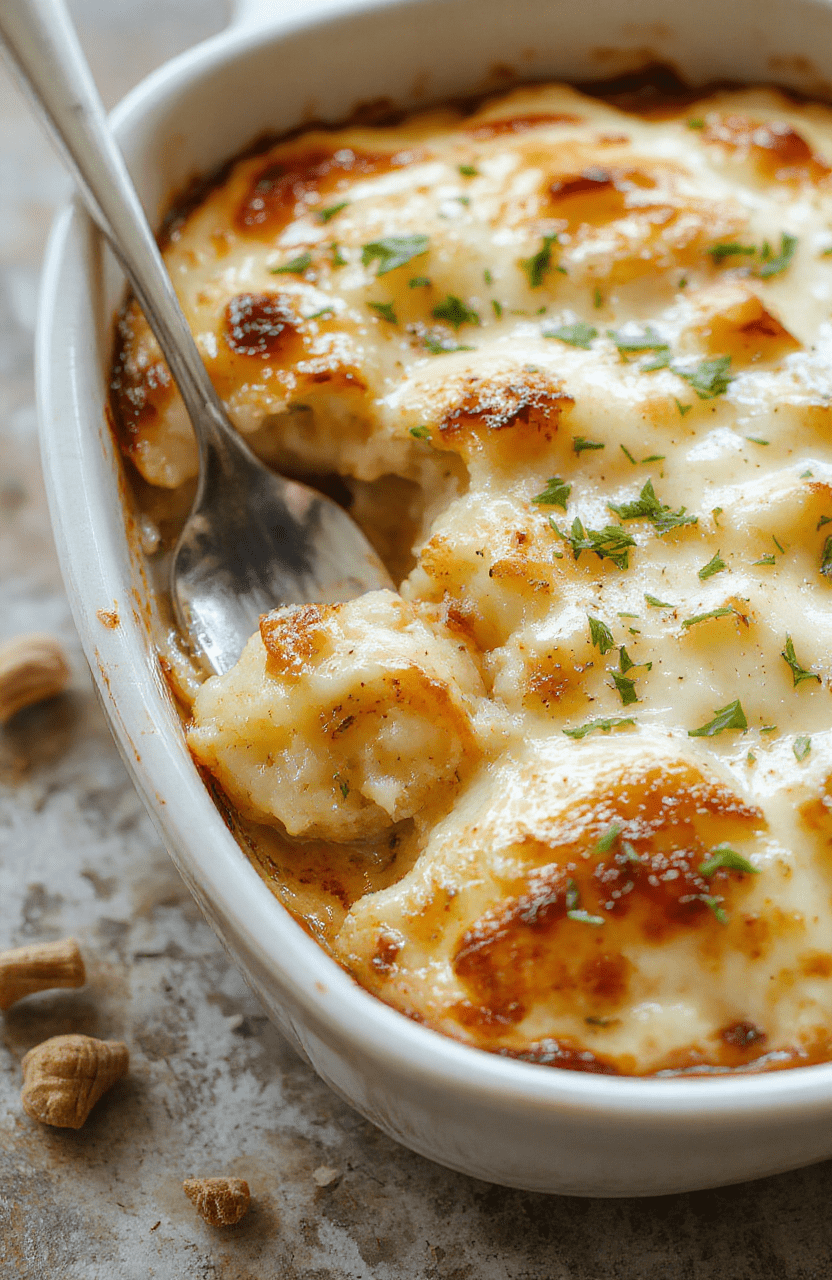 A golden-brown creamy potato gratin layered with melted cheese, garnished with fresh herbs, served in a rustic white dish. The slices reveal tender, thinly sliced potatoes with a bubbly, cheesy crust on top, surrounded by a cozy, inviting kitchen setting.