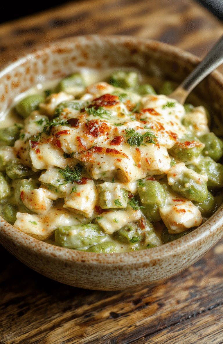 A colorful creamy green bean casserole served in a rustic ceramic dish, topped with crispy fried onions, vibrant green beans, rich sauce, and a golden crust, styled on a wooden table with natural light highlighting textures.