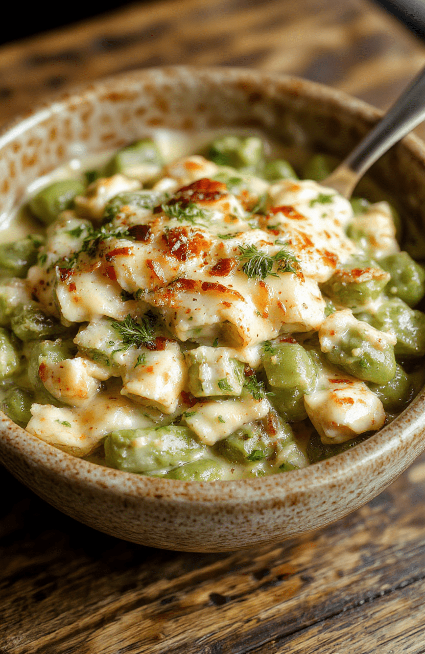 A colorful creamy green bean casserole served in a rustic ceramic dish, topped with crispy fried onions, vibrant green beans, rich sauce, and a golden crust, styled on a wooden table with natural light highlighting textures.
