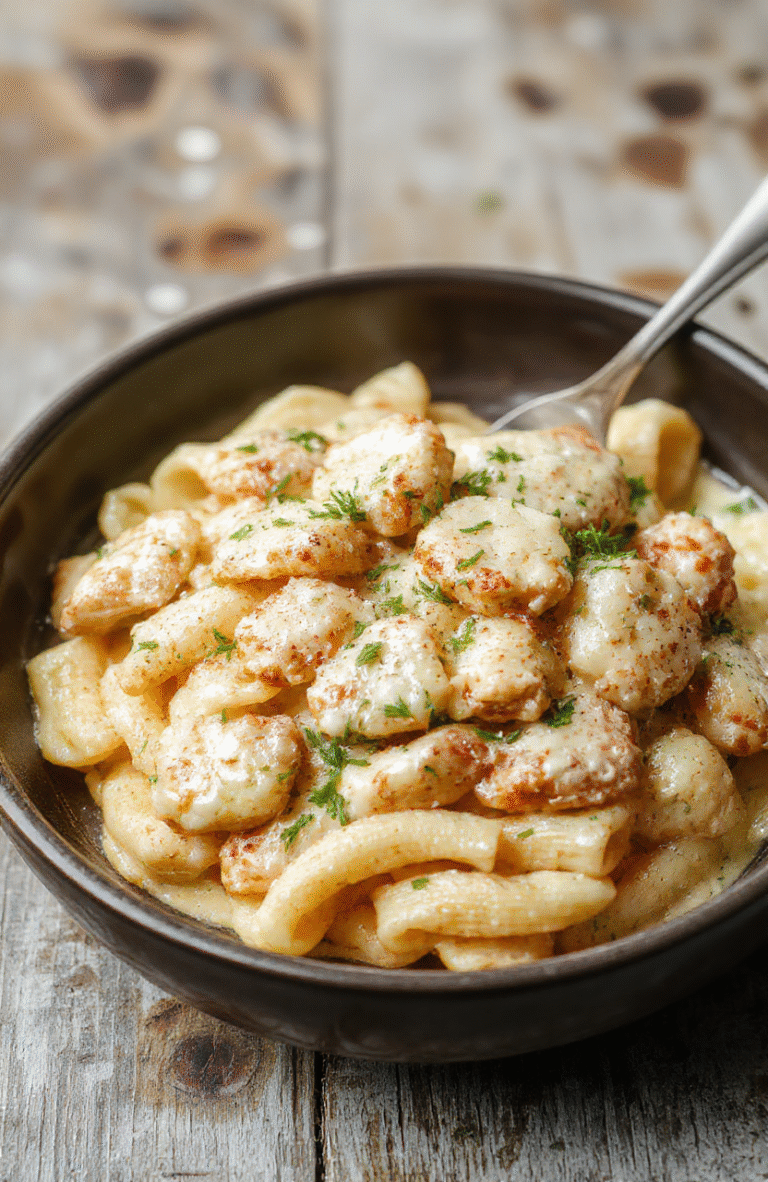 A vibrant plate of creamy chicken parmesan pasta featuring tender shredded chicken coated in rich parmesan sauce, garnished with fresh basil and grated parmesan, served on a rustic white plate with a backdrop of a wooden table and soft natural lighting highlighting the glossy sauce and cheesy textures.