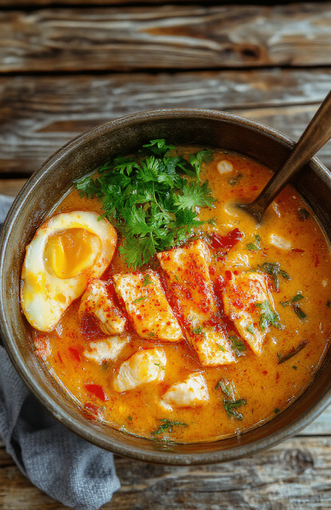 A close-up of a steaming bowl of spicy chicken ramen with creamy broth, topped with sliced grilled chicken, soft boiled eggs, green onions, and chili flakes, garnished with fresh herbs. The vibrant orange-red broth contrasts with the white bowl, creating an inviting, warm presentation with textures of tender chicken, chewy noodles, and smooth eggs.