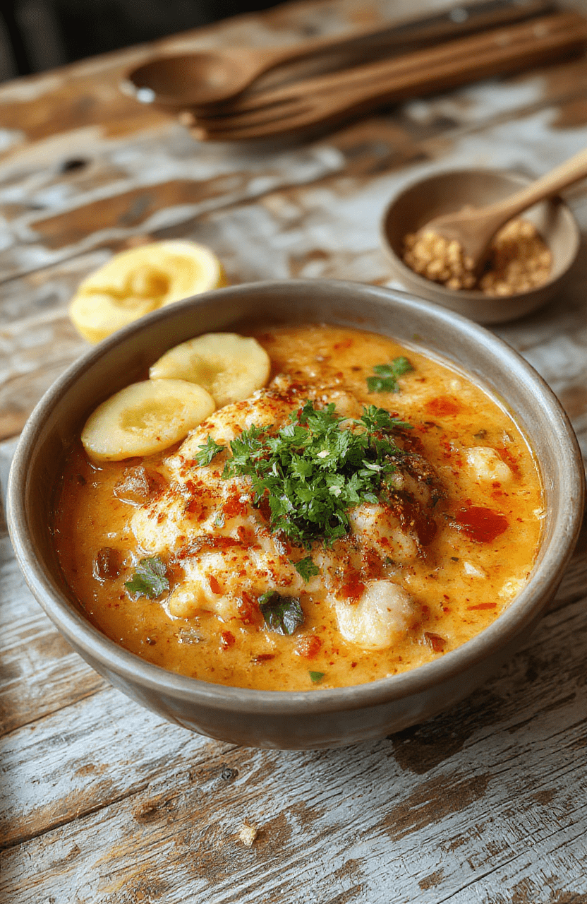 A vibrant bowl of creamy spicy Korean ramen featuring thick noodles submerged in a rich, spicy red broth. Topped with sliced green onions, soft-boiled eggs, and sesame seeds, the dish showcases a colorful and inviting presentation. The bowl is placed on a rustic wooden table with a pair of chopsticks resting on the side, styled to emphasize textures and warmth.