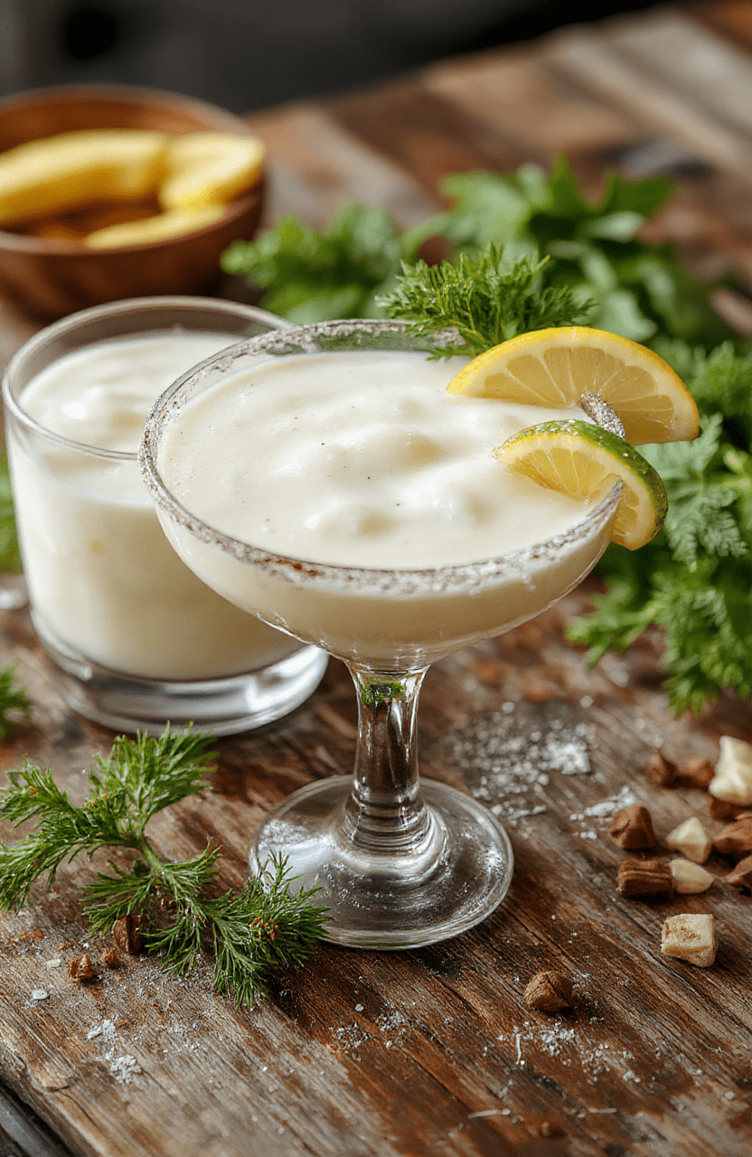 A vibrant pitcher of creamy white margaritas garnished with lime slices and sugared rims, surrounded by festive decorations, with a frosty texture and smooth surface, served in elegant glasses on a holiday-themed table.