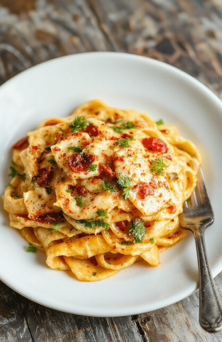 Eine cremige Pasta mit frischem Spinat und geschmolzenem Frischkäse, serviert auf einem weißen Teller, garniert mit Parmesan und frischen Kräutern, farbenfroh und ansprechend.