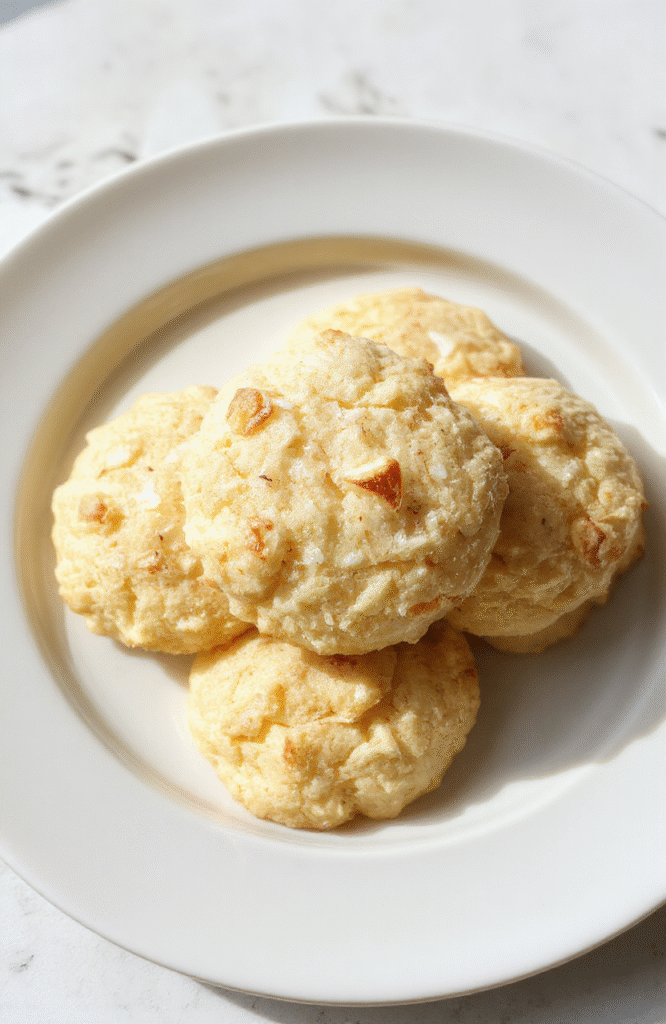 Helle, goldene Kokosplätzchen auf einer weißen Porzellanteller, dekoriert mit kleinen Kokosraspeln und zarten Schokoladenstückchen, stilvoll angerichtet, sanft beleuchtet, mit rustikalem Holztisch im Hintergrund