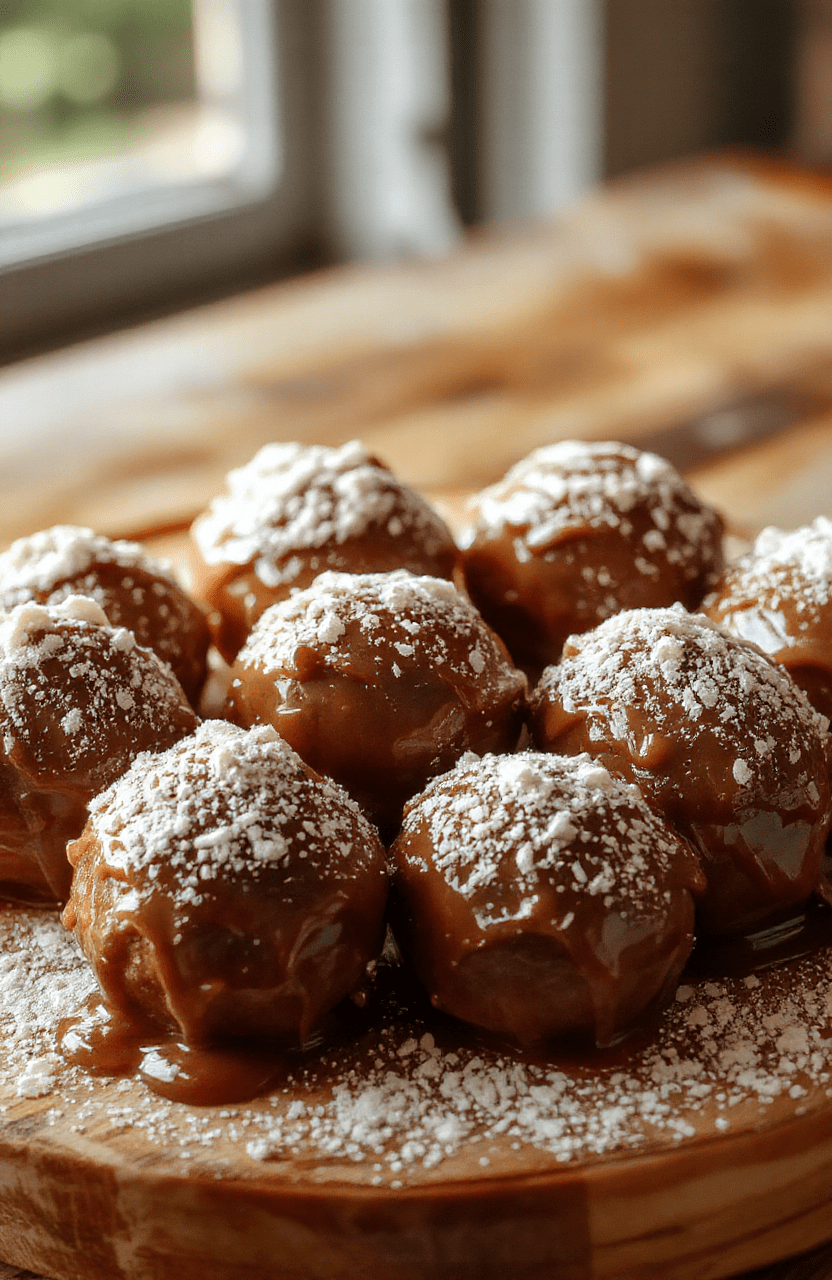 Längliche, cremige Spekulatius Nutella Kugeln auf einer bunten Tellerfront, umgeben von Zimtstangen und Spekulatiusbruch, mit glänzendem Schokoladenglasur und Staubzucker bestäubt, appetitlich angerichtet