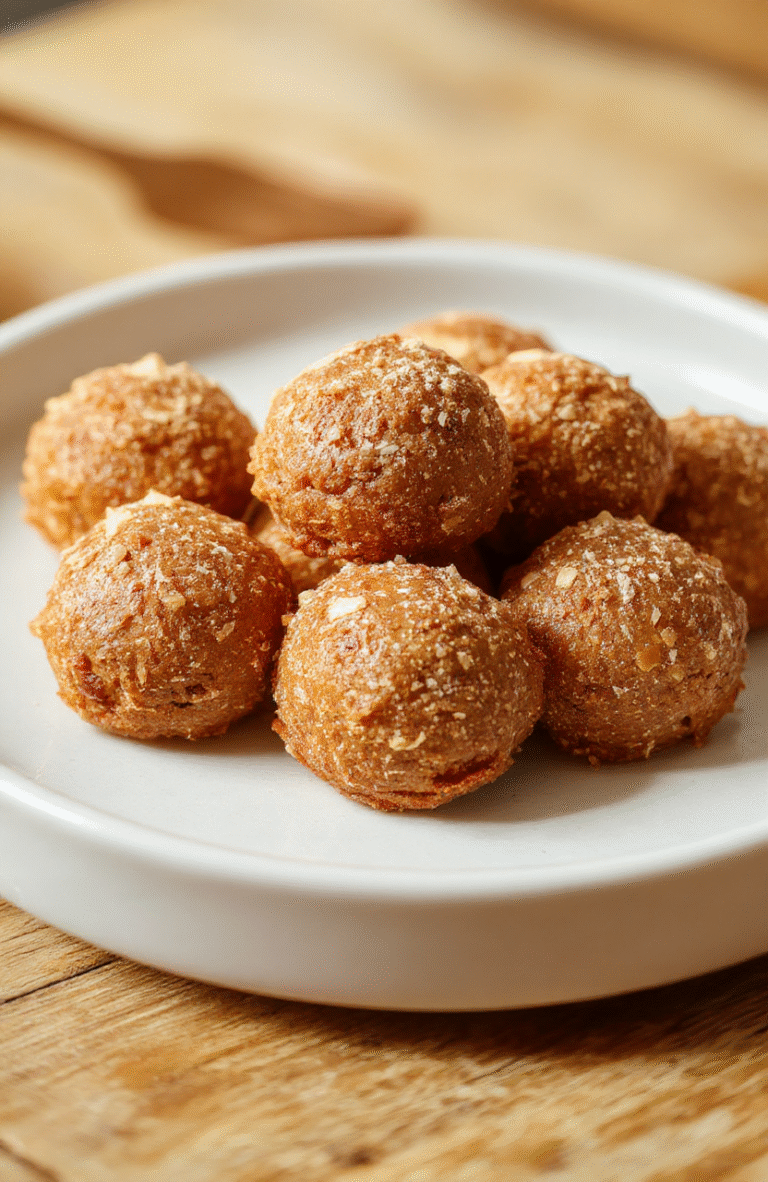 Drei cremige Spekulatiuskugeln auf einem weißen Teller, dekoriert mit Zimt und Puderzucker, umgeben von zerbrochenen Spekulatius und weihnachtlicher Dekoration, knusprige Textur, warme Farben, festliche Stimmung