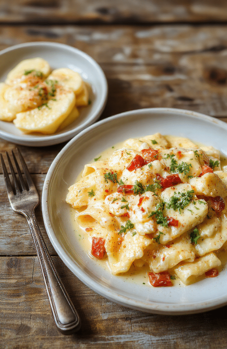 Bunter cremiger griechischer Nudel-Auflauf auf einem weißen Teller, mit goldbraunen Käsekrusten oben, sichtbare Stücke von Feta, Oliven und frischen Kräutern, stilvoll angerichtet