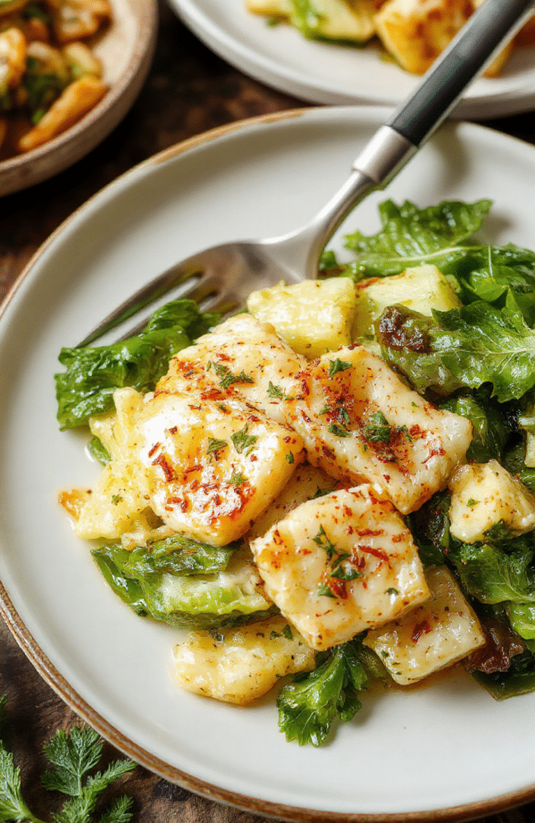 Buntes Bild eines exquisiten Cremiger Low-Carb Parmesan Spitzkohl auf einem weißen Teller. Der Kohl ist cremig, goldgelb mit geriebenem Parmesan bestreut, die Textur ist weich und saftig. Im Hintergrund subtiler Holzuntergrund mit frischen Kräutern und Parmesan-Spänen, stilvoll angerichtet, appetitlich und einladend.