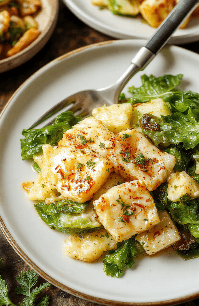 Buntes Bild eines exquisiten Cremiger Low-Carb Parmesan Spitzkohl auf einem weißen Teller. Der Kohl ist cremig, goldgelb mit geriebenem Parmesan bestreut, die Textur ist weich und saftig. Im Hintergrund subtiler Holzuntergrund mit frischen Kräutern und Parmesan-Spänen, stilvoll angerichtet, appetitlich und einladend.