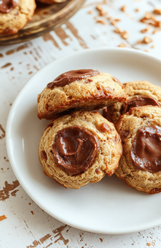 Helle, goldbraune Kekse mit weichem Kern, auf weißem Teller, mit einem Löffel, der in den weichen Kern taucht, und zartem Staubzucker bestäubt, natürlichem Licht