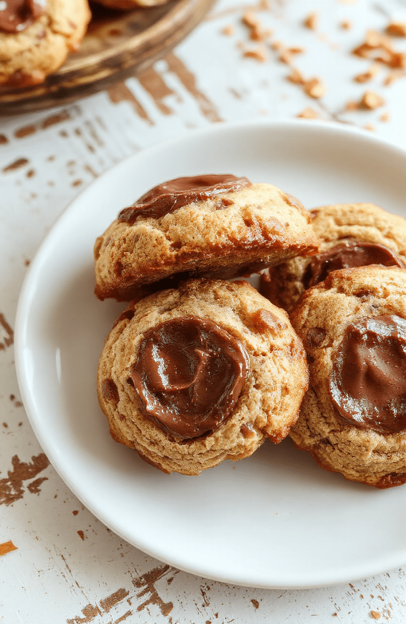 Helle, goldbraune Kekse mit weichem Kern, auf weißem Teller, mit einem Löffel, der in den weichen Kern taucht, und zartem Staubzucker bestäubt, natürlichem Licht