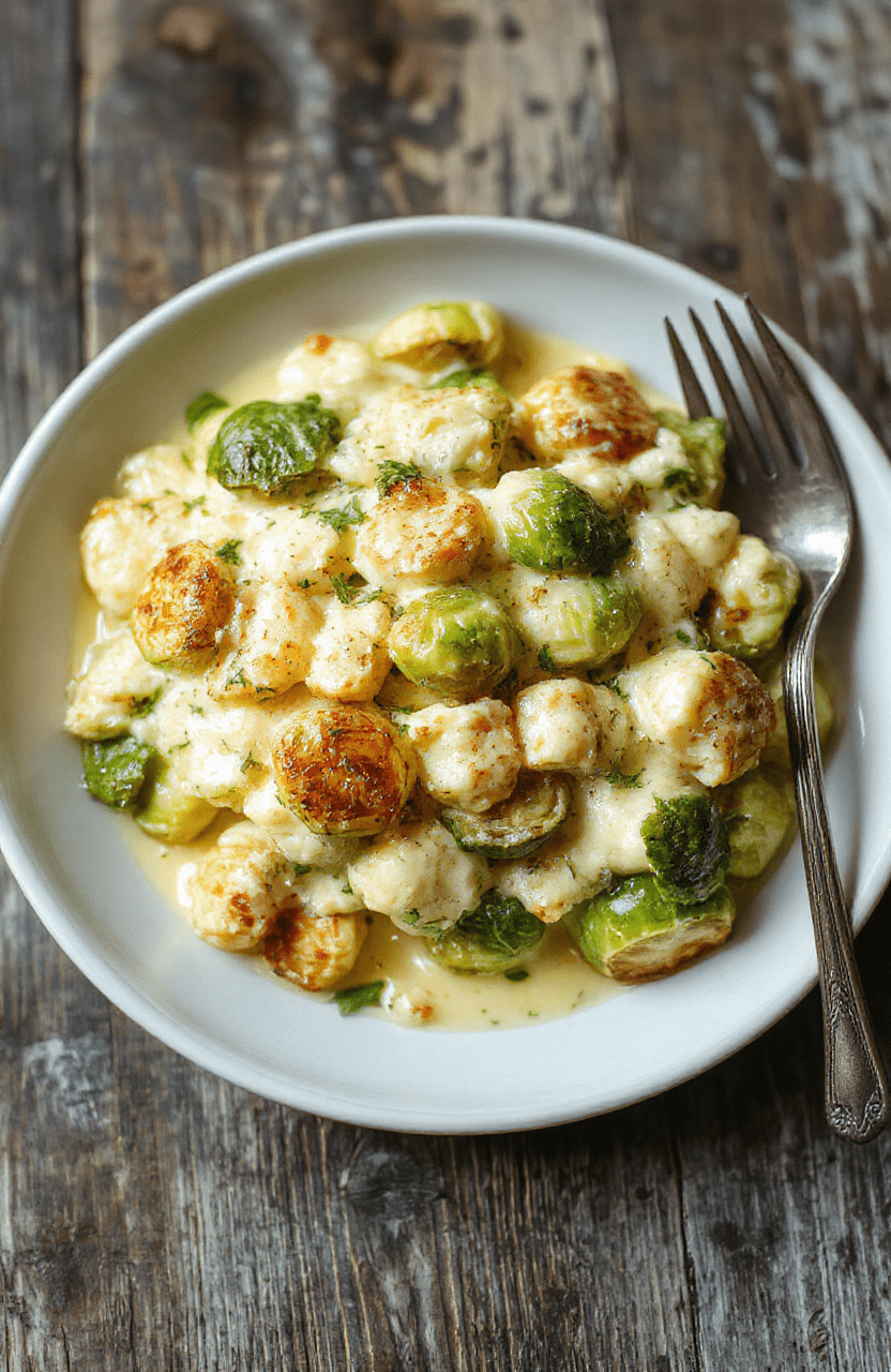 Heller Rosenkohl in einer cremigen Sauce, perfekt angerichtet in einer ofenfesten Form, umgeben von goldbraunen Brotkrumen, mit frischen Kräutern garniert, auf einem rustikalen Holztisch präsentiert.