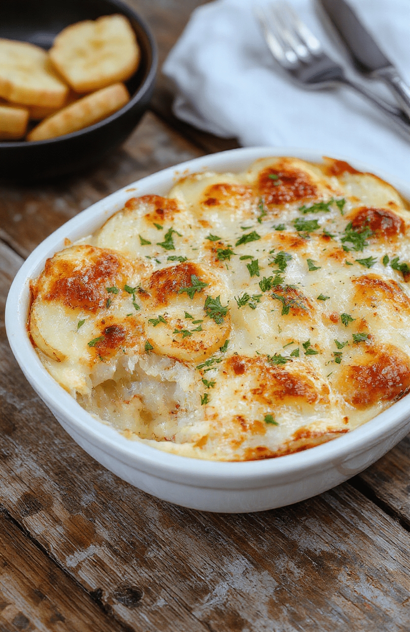 Ein cremiges Kartoffelgratin in einer weißen keramischen Auflaufform, goldbraune Kruste oben, dünn geschnittene Kartoffelscheiben, geschmolzener Käse, frische Kräuter als Garnitur, ansprechend angerichtet auf einem rustikalen Holztisch