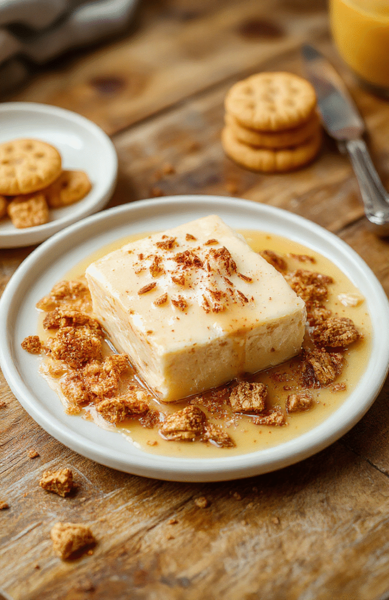 Ein cremiges Spekulatius Fudge auf einem weißen Teller, umgeben von zerbröselten Spekulatius Keksen, mit einer goldfarbenen Zimt-Sauce. Das Dessert hat eine glatte, glänzende Oberfläche und ist gut portioniert, die Textur wirkt samtig und fest. Hintergrund in warmen Holztönen, natürliche Beleuchtung betont die goldene Farbe und die Weihnachtsatmosphäre.