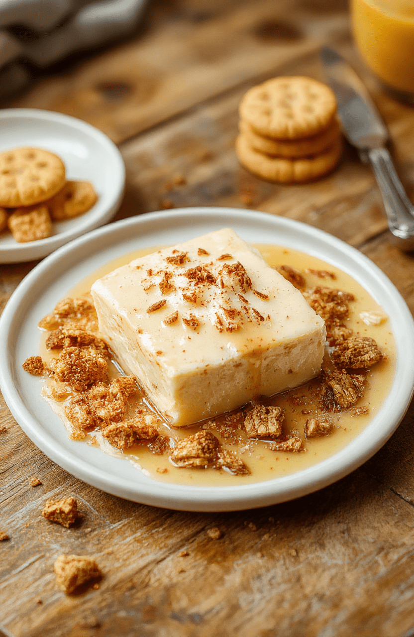 Ein cremiges Spekulatius Fudge auf einem weißen Teller, umgeben von zerbröselten Spekulatius Keksen, mit einer goldfarbenen Zimt-Sauce. Das Dessert hat eine glatte, glänzende Oberfläche und ist gut portioniert, die Textur wirkt samtig und fest. Hintergrund in warmen Holztönen, natürliche Beleuchtung betont die goldene Farbe und die Weihnachtsatmosphäre.