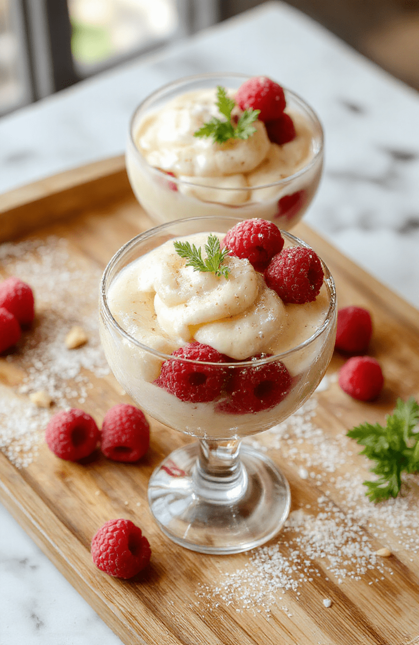 Ein elegantes Glas mit cremigem Vanillekipferl-Himbeer-Dessert, garniert mit frischen Himbeeren und einer zarten Vanillecrème, auf einem hellen Holztablett serviert, mit einem Hauch von Puderzucker darüber, stilvoll und appetitlich präsentiert.