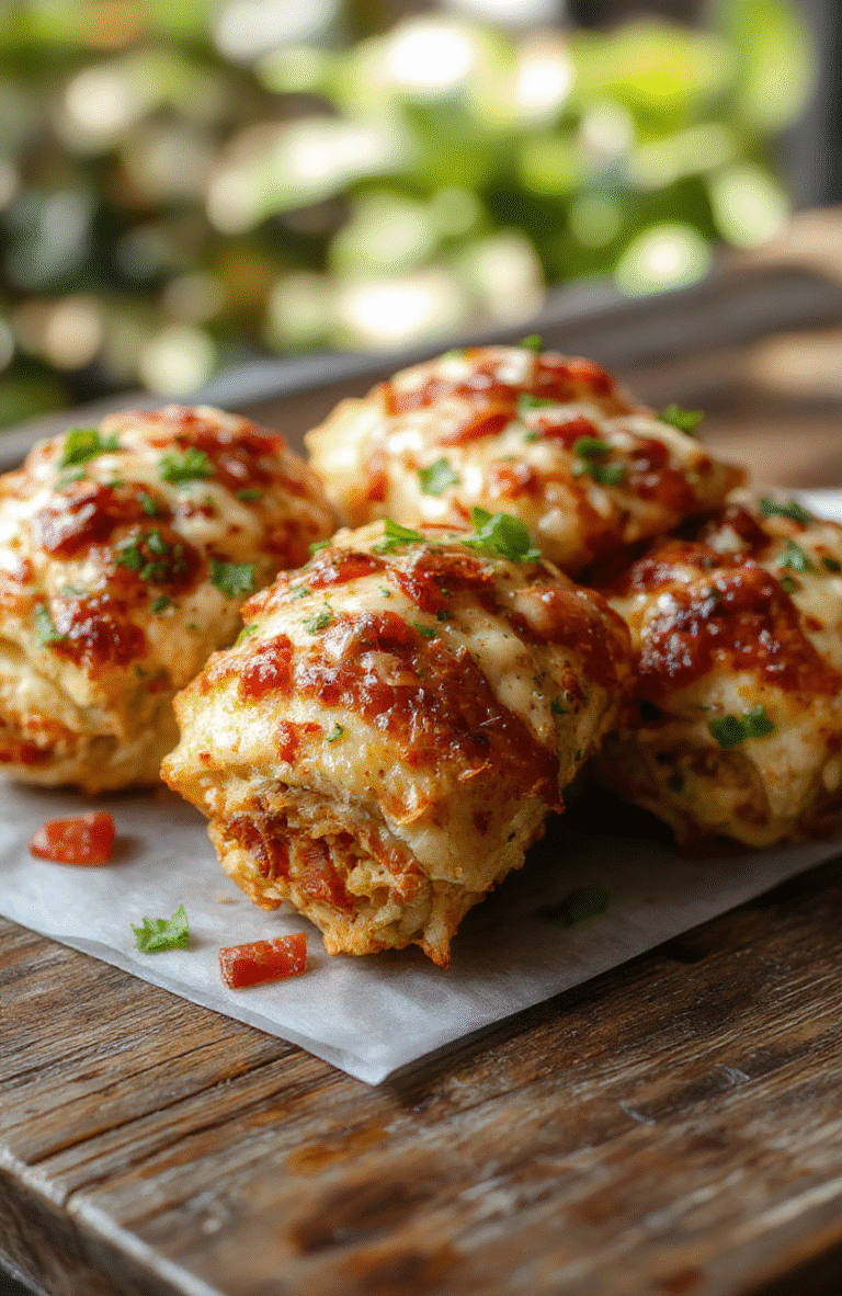 Golden brown crispy air fryer pizza rolls arranged on a white plate, showing bubbling cheese oozing from each roll, garnished with fresh basil, styled on a rustic wooden surface with a blurred background for a homey feel.