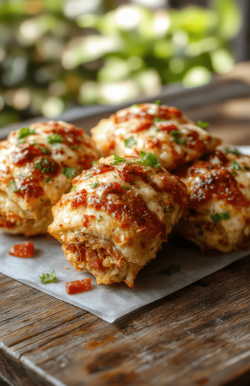 Golden brown crispy air fryer pizza rolls arranged on a white plate, showing bubbling cheese oozing from each roll, garnished with fresh basil, styled on a rustic wooden surface with a blurred background for a homey feel.