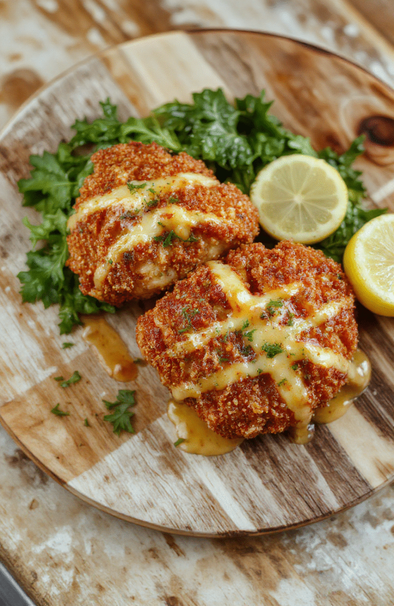 A golden-brown crispy pretzel crusted chicken breast topped with melted cheese, served on a rustic wooden plate with a side of fresh greens and lemon wedges, showcasing a crunchy texture and creamy melted cheese, styled in a casual setting.