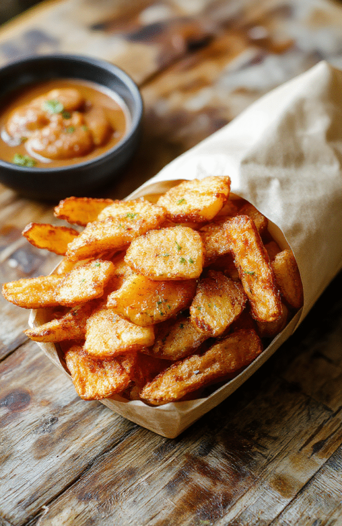 Golden-brown crispy sweet potato fries arranged on a white plate, garnished with fresh parsley, with a textured wooden background and a dipping sauce in the foreground, highlighting the crunchy texture and vibrant orange color of the fries.