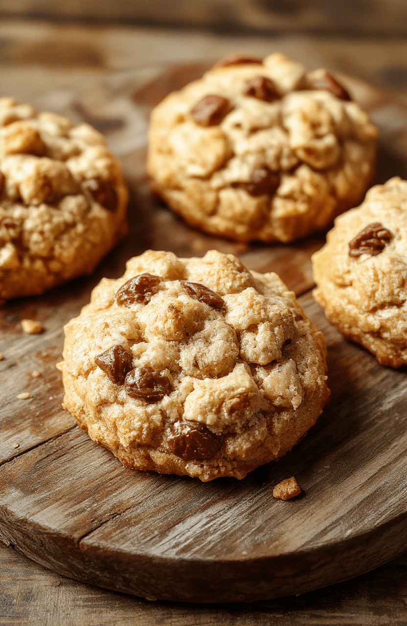 A close-up of crumble-topped coffee cake cookies arranged on a rustic wooden plate. The cookies have a golden-brown, crumbly topping with visible swirls of cinnamon and sugar. The surface texture looks flaky and crunchy, contrasted by a soft, moist interior. The background features a cozy, neutral-toned cloth, emphasizing warmth and homemade appeal.