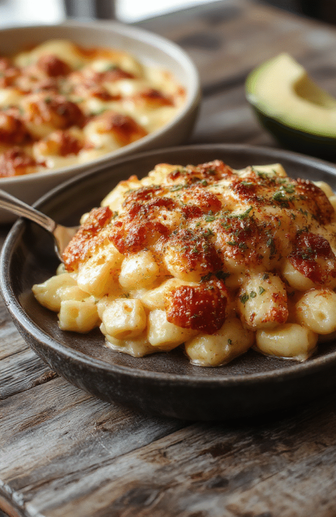 A close-up of a golden-brown crunchy baked mac and cheese dish on a rustic wooden table, topped with crispy breadcrumb crust, cheesy molten interior visible in a white ceramic bowl, garnished with fresh parsley for a pop of green, styled casually for an inviting homemade look.