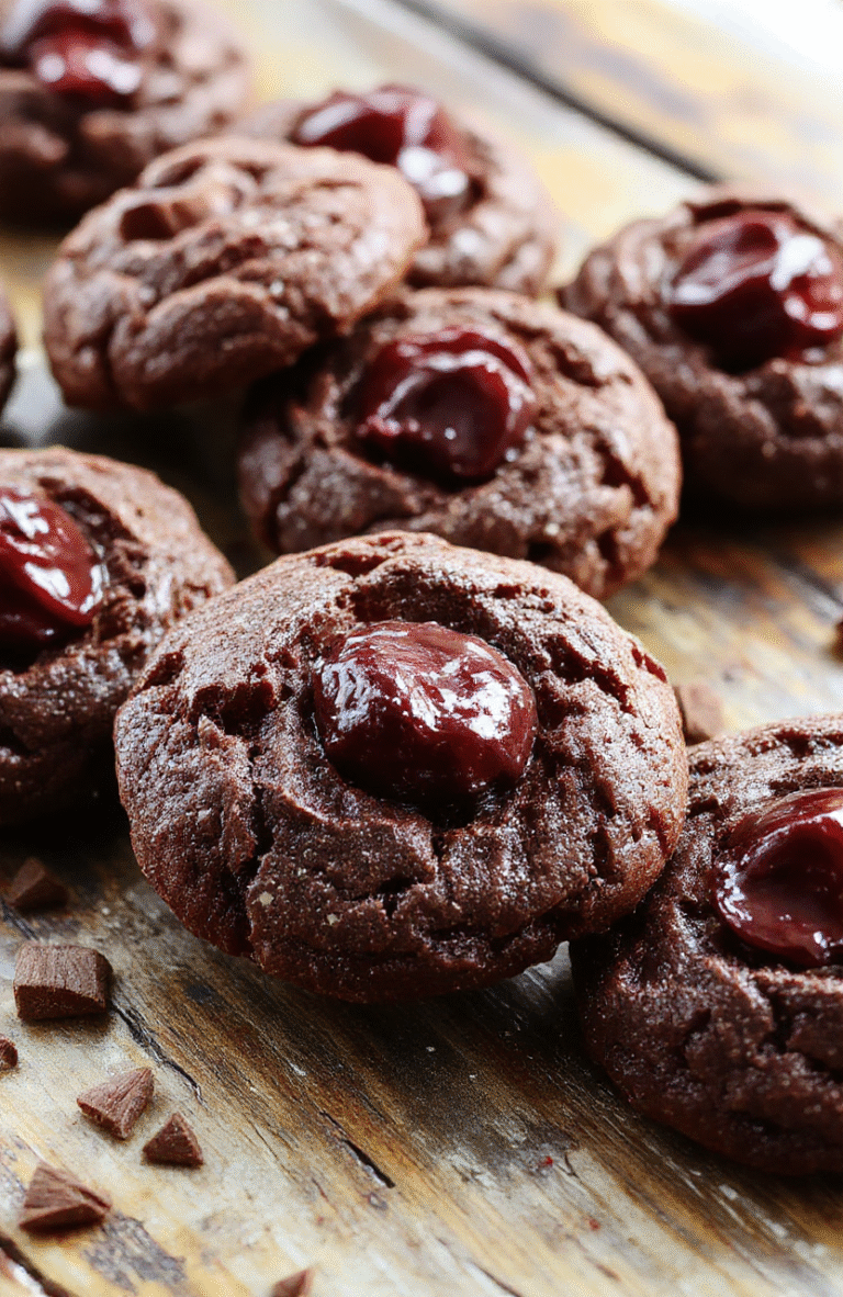 A plate of rich chocolate cherry cookies with glossy cherries and dark chocolate chunks, beautifully arranged on a rustic wooden surface, garnished with a dusting of powdered sugar and a few fresh cherries in the background, styled in warm, cozy lighting to evoke holiday comfort.