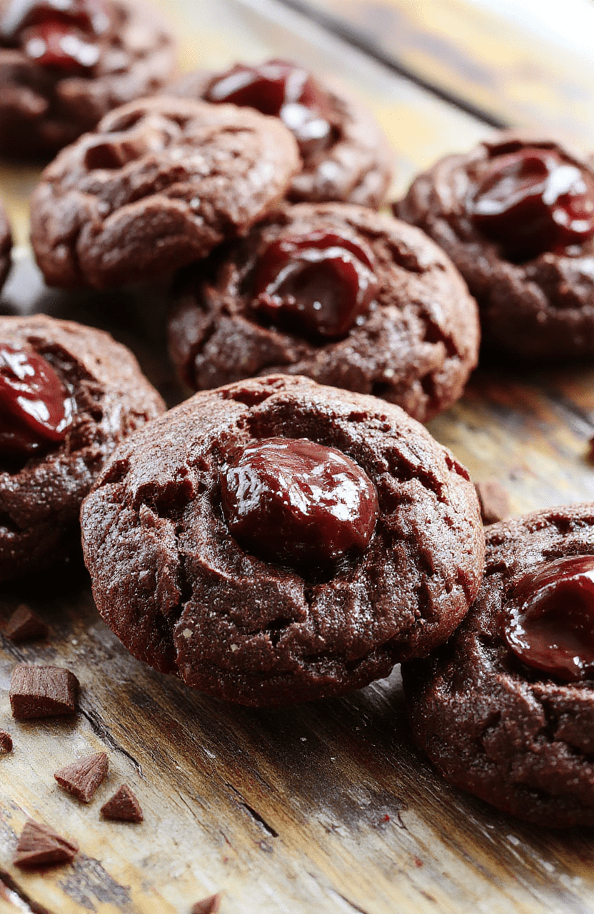 A plate of rich chocolate cherry cookies with glossy cherries and dark chocolate chunks, beautifully arranged on a rustic wooden surface, garnished with a dusting of powdered sugar and a few fresh cherries in the background, styled in warm, cozy lighting to evoke holiday comfort.