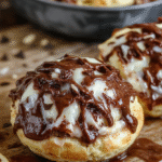 A golden-brown layered chocolate croissant bake drizzled with glossy chocolate glaze, served in a rustic white dish, garnished with fresh berries and powdered sugar. The texture appears flaky and fluffy with melted chocolate peeking through, styled on a wooden table with a cozy breakfast setting.