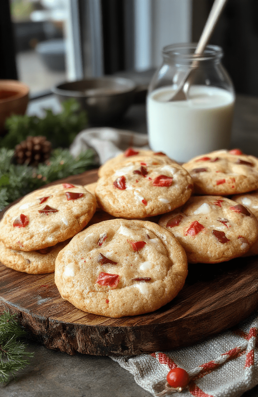 A close-up of a batch of golden-brown gooey butter cookies with a slightly cracked surface, adorned with colorful festive sprinkles, presented on a rustic wooden platter. The cookies appear soft and chewy with a glossy surface, sprinkled with powdered sugar and festive decorations, complemented by a cozy holiday background with soft lighting and seasonal accents.