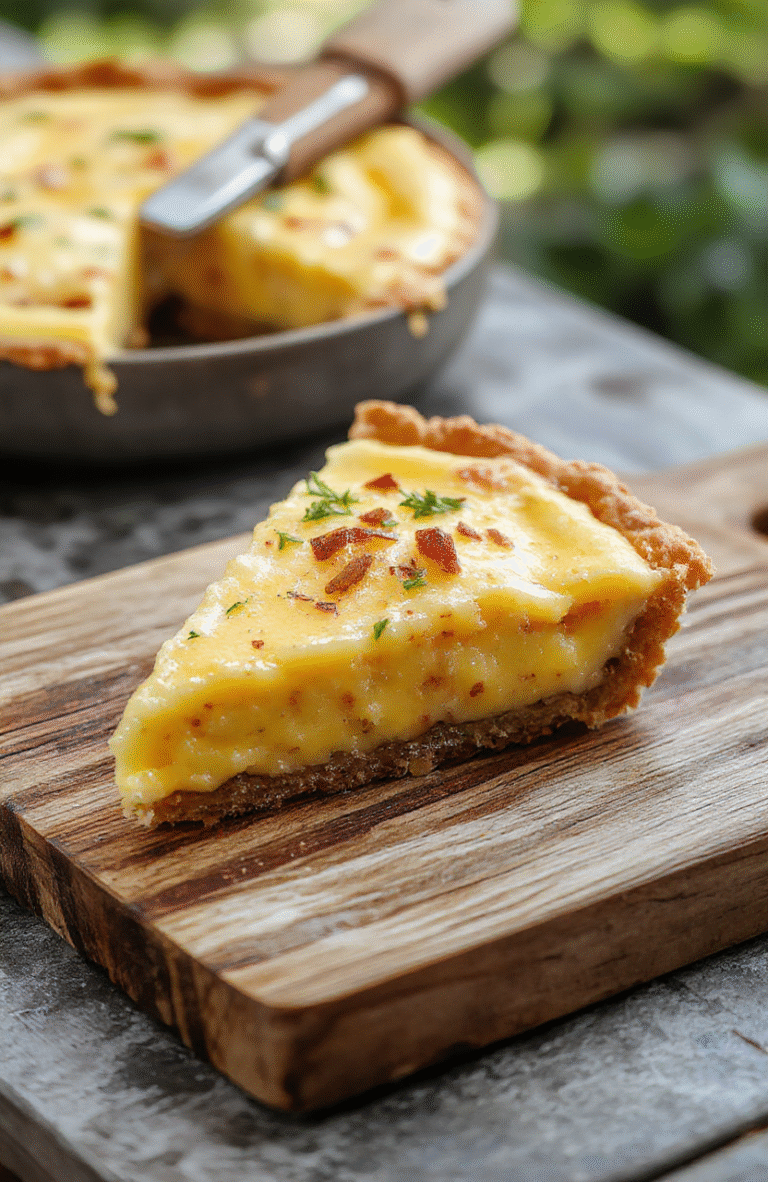 A beautifully sliced golden custard pie with a flaky crust, creamy custard filling topped with caramelized sugar and a dusting of cinnamon, styled on a rustic wooden plate with a warm holiday background, inviting and elegant.