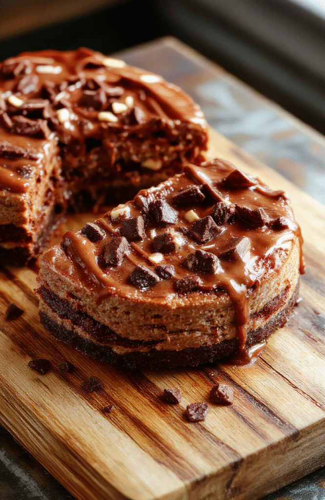 A rich German Chocolate Cheesecake topped with glossy ganache, sprinkled with toasted coconut and pecans, placed on a rustic wooden board with a slice cut revealing creamy layers, vibrant brown chocolate, and shredded coconut textures, styled simply for an inviting presentation