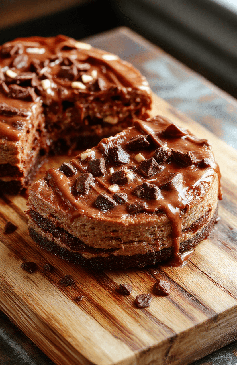 A rich German Chocolate Cheesecake topped with glossy ganache, sprinkled with toasted coconut and pecans, placed on a rustic wooden board with a slice cut revealing creamy layers, vibrant brown chocolate, and shredded coconut textures, styled simply for an inviting presentation