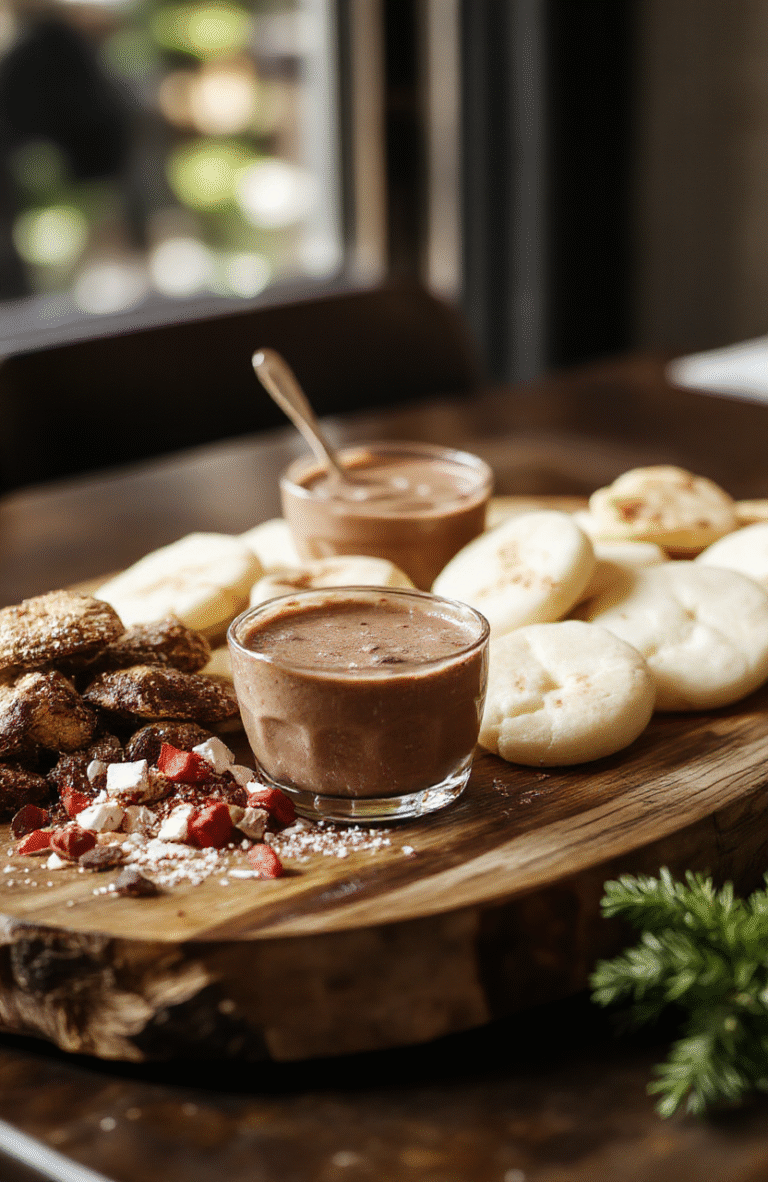 A rich, creamy hot chocolate board featuring an assortment of melted chocolate, marshmallows, whipped cream, and colorful toppings arranged on a rustic wooden platter. The vibrant toppings include peppermint candies, crushed cookies, and sprinkles, creating a festive and inviting holiday setting. The background showcases cozy holiday decor with soft lighting, enhancing the warm, indulgent atmosphere. The textures vary from smooth melted chocolate to fluffy marshmallows and crunchy toppings.
