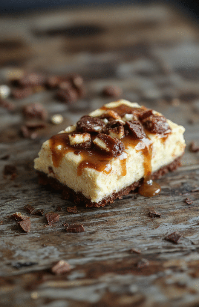 A luscious slice of turtle cheesecake with a glossy caramel and chocolate topping, garnished with pecans and swirls of caramel sauce on a white plate, set against a rustic wooden table with scattered pecans and chocolate pieces. The rich textures and smooth layers highlight indulgence and decadence.