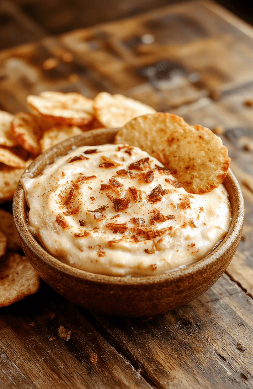 A vibrant bowl of creamy apple dip sprinkled with cinnamon, surrounded by crispy cinnamon chips on a rustic wooden table, with fresh apple slices and a cinnamon stick for garnish, styled in warm, inviting tones.