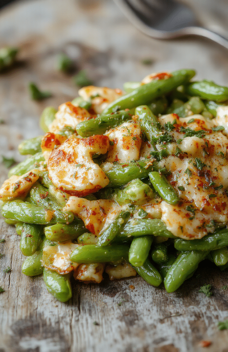 A vibrant green bean casserole served in a rustic white dish, topped with crispy fried onions and fresh herbs, with a creamy sauce visible beneath. The colorful dish is placed on a wooden table with natural light highlighting the textures and fresh ingredients, styled for a cozy holiday meal.