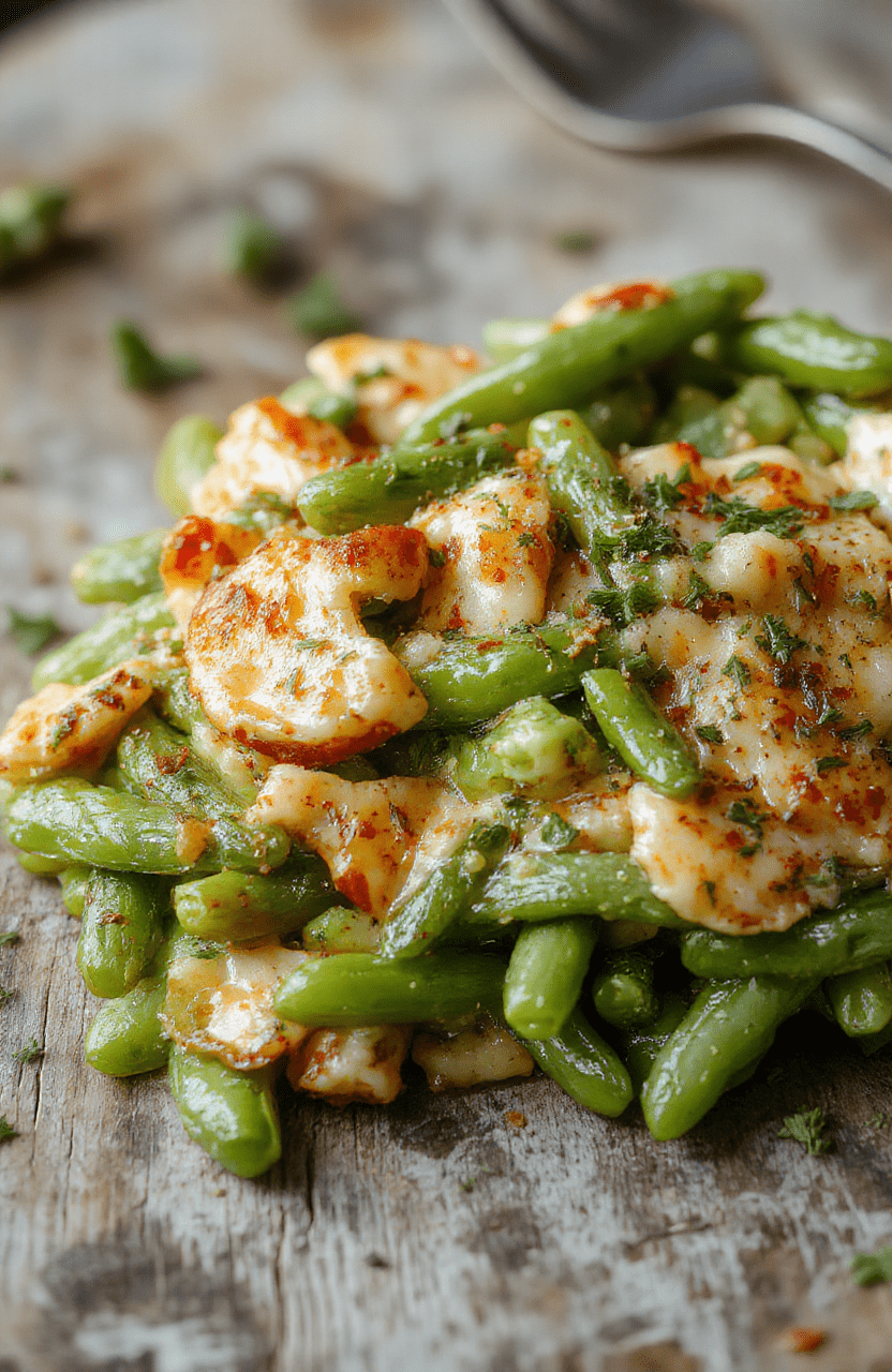 A vibrant green bean casserole served in a rustic white dish, topped with crispy fried onions and fresh herbs, with a creamy sauce visible beneath. The colorful dish is placed on a wooden table with natural light highlighting the textures and fresh ingredients, styled for a cozy holiday meal.