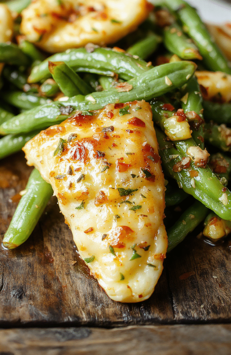 A vibrant plate of green beans glazed with a sticky, crackly sauce, sprinkled with crispy bacon bits, arranged neatly on a white ceramic plate, with a rustic wooden table background, highlighting the glossy texture and fresh green color.