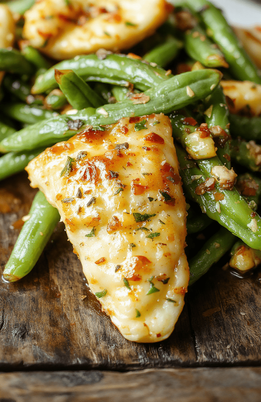 A vibrant plate of green beans glazed with a sticky, crackly sauce, sprinkled with crispy bacon bits, arranged neatly on a white ceramic plate, with a rustic wooden table background, highlighting the glossy texture and fresh green color.