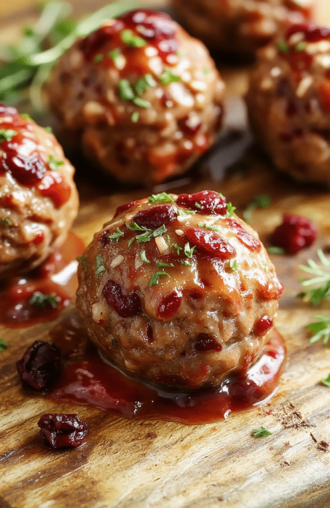 A festive plate of glossy cranberry meatballs garnished with fresh parsley, arranged neatly on a white platter with a holiday-themed background featuring red and green accents, with a focus on the shiny sauce coating the meatballs and the vibrant color contrast.
