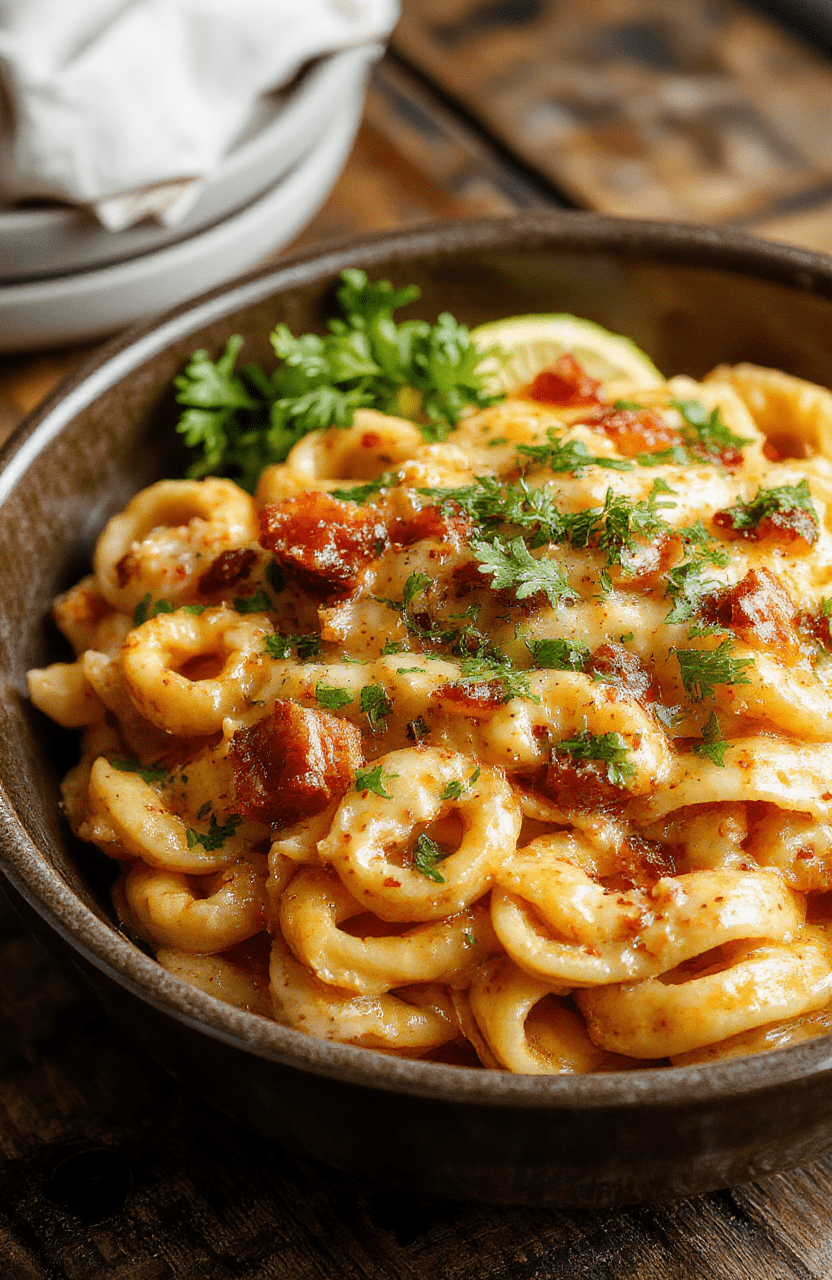 A vibrant plate of creamy Cajun pasta featuring spiralized noodles coated in rich, spicy sauce, garnished with green herbs and sliced peppers, styled on a rustic wooden table with warm lighting.