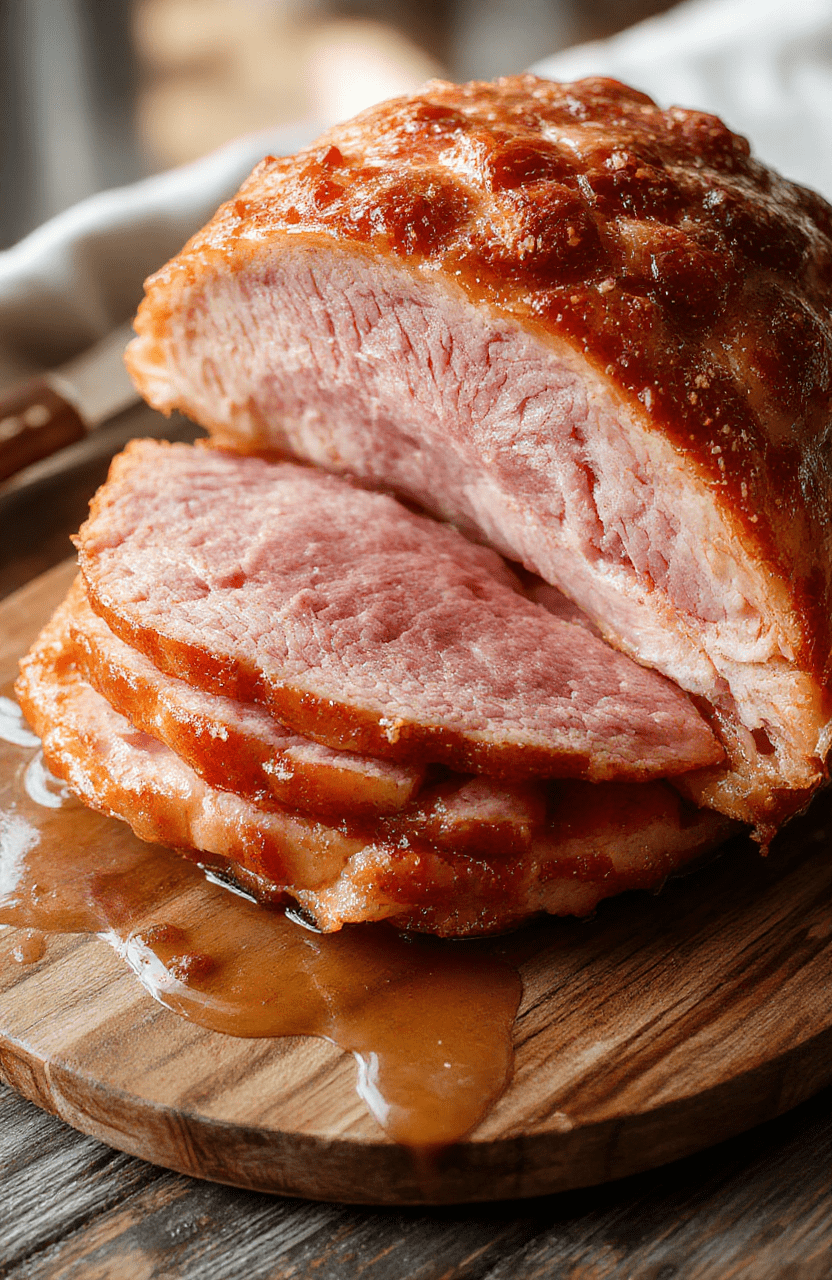 A golden-brown honey glazed ham sitting on a white platter, garnished with fresh rosemary and orange slices, with a shiny caramelized surface, sliced to reveal tender, juicy meat, styled on a rustic wooden table with festive holiday accents in the background.