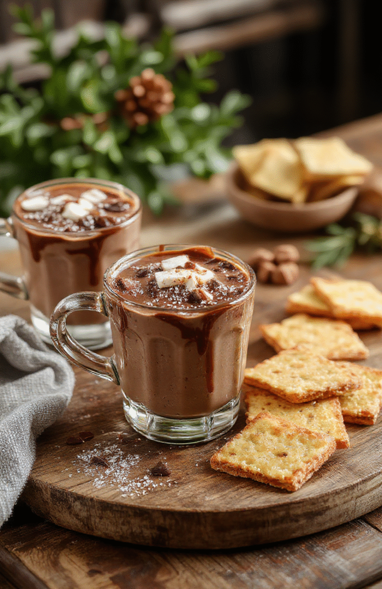 A festive hot chocolate bar setup with a rustic wooden table, featuring mugs of rich, frothy hot chocolate, an assortment of toppings like whipped cream, marshmallows, peppermint sticks, and chocolates, decorated with holiday ornaments and cozy blankets in the background, creating a warm and inviting atmosphere.