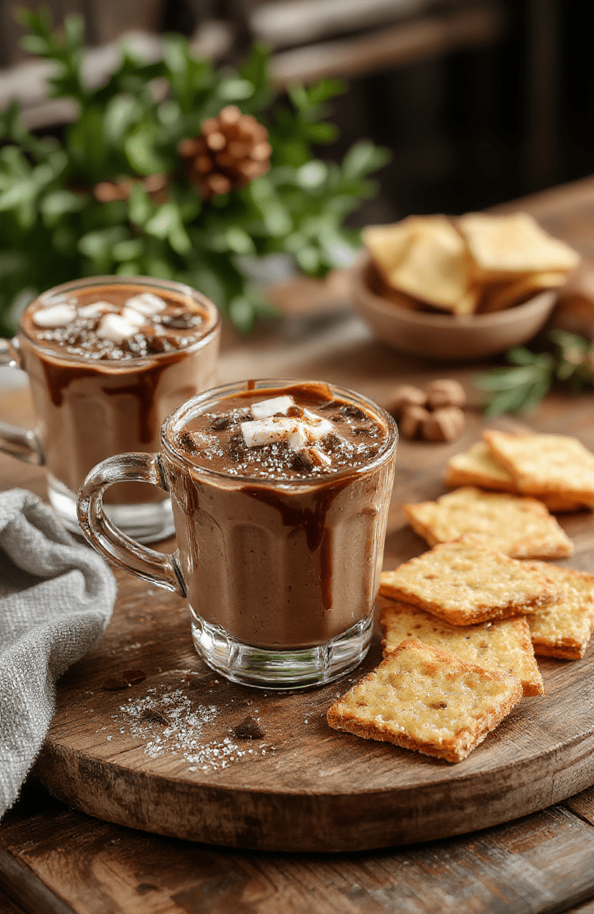 A festive hot chocolate bar setup with a rustic wooden table, featuring mugs of rich, frothy hot chocolate, an assortment of toppings like whipped cream, marshmallows, peppermint sticks, and chocolates, decorated with holiday ornaments and cozy blankets in the background, creating a warm and inviting atmosphere.