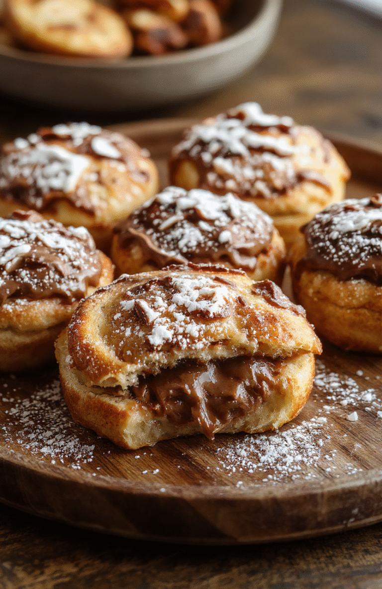 Golden brown Nutella toast pies arranged on a rustic wooden plate with a dusting of powdered sugar, gooey Nutella filling visible through the crimped edges, paired with a small dish of extra Nutella for dipping, vibrant and appetizing colors, styled simply with a neutral background for a cozy, homemade feel.