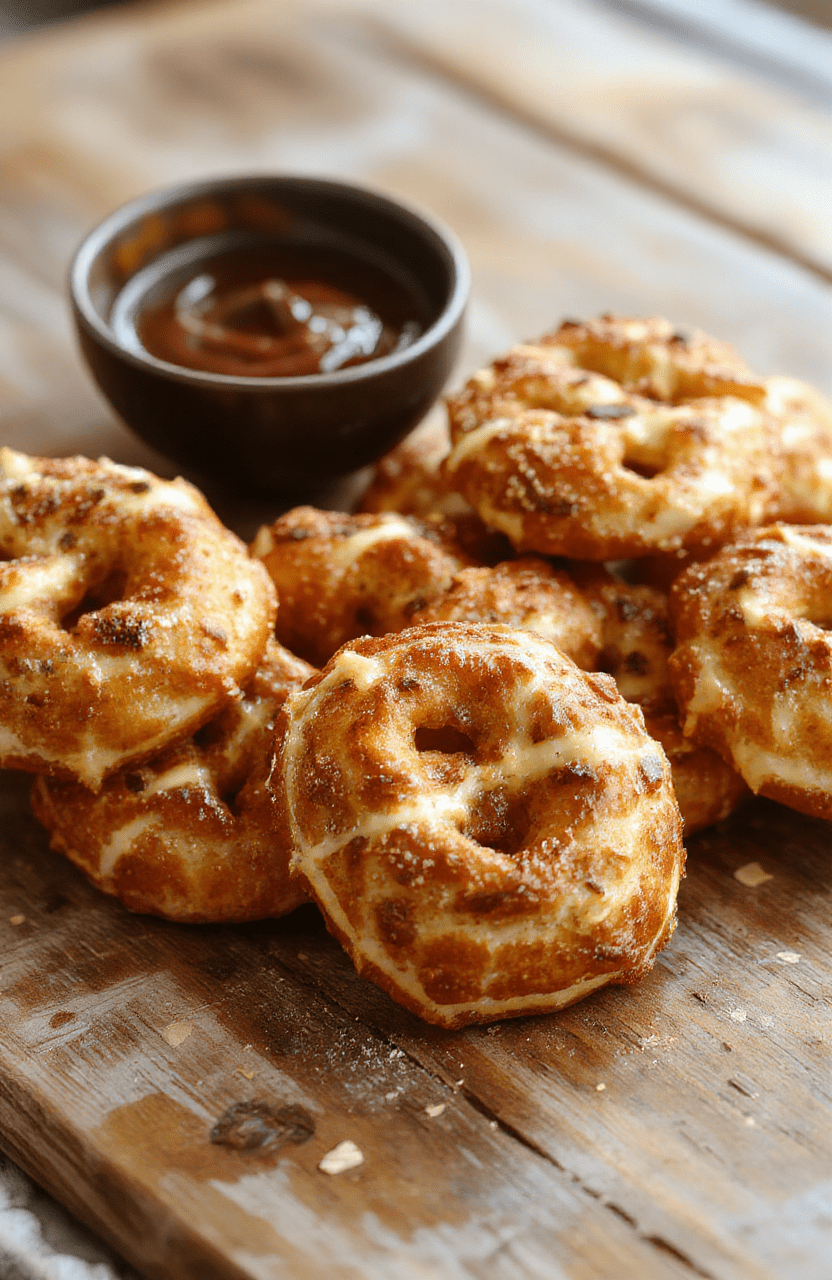 A close-up of golden-brown pretzel bites topped with melted, glossy Rolo chocolates, arranged on a rustic wooden surface. The bites are shiny and slightly crisp on the outside with gooey, melting chocolate visible. Soft shadows and natural daylight highlight their textures, with some pretzels slightly broken to reveal the gooey chocolate inside, styled casually for an inviting, homemade look.