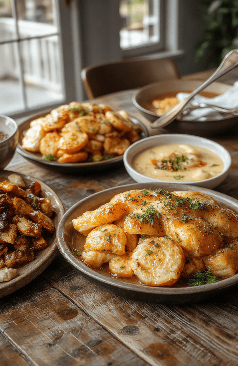 A colorful Thanksgiving feast featuring roasted turkey, cornbread, green beans, sweet potatoes, and cranberry sauce, all beautifully arranged on a rustic wooden table with autumn leaves and warm lighting.