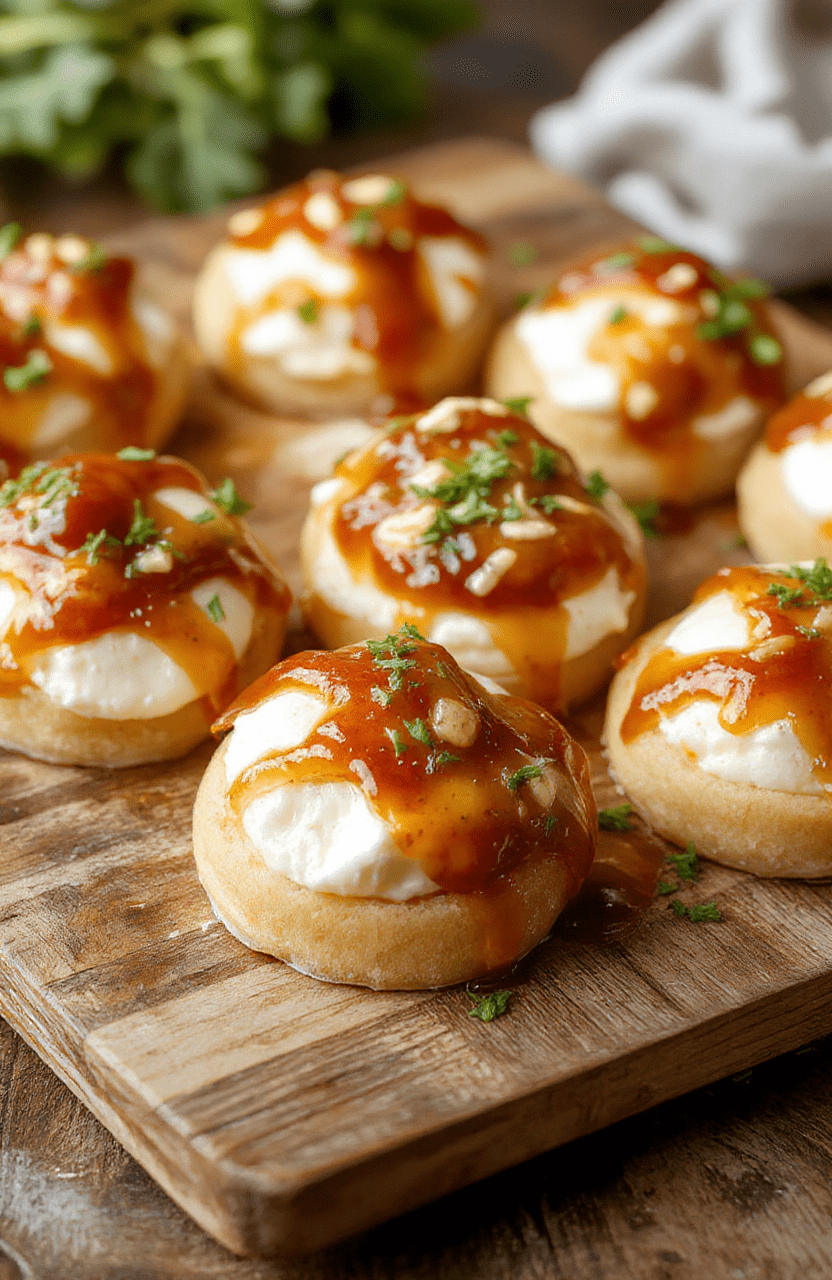 A close-up of a small, elegant plate featuring creamy goat cheese dollops topped with golden honey and garnished with fresh herbs, arranged neatly on a rustic wooden platter. The vibrant yellow honey glistens against the soft white cheese, with subtle textures of the herbs adding a pop of green, creating an inviting and sophisticated presentation.